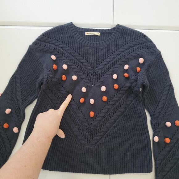 Marine Layer Sweater Womens XS Navy Pom Pom Bobble Cable Knit Crewneck Pullover - Picture 2 of 9